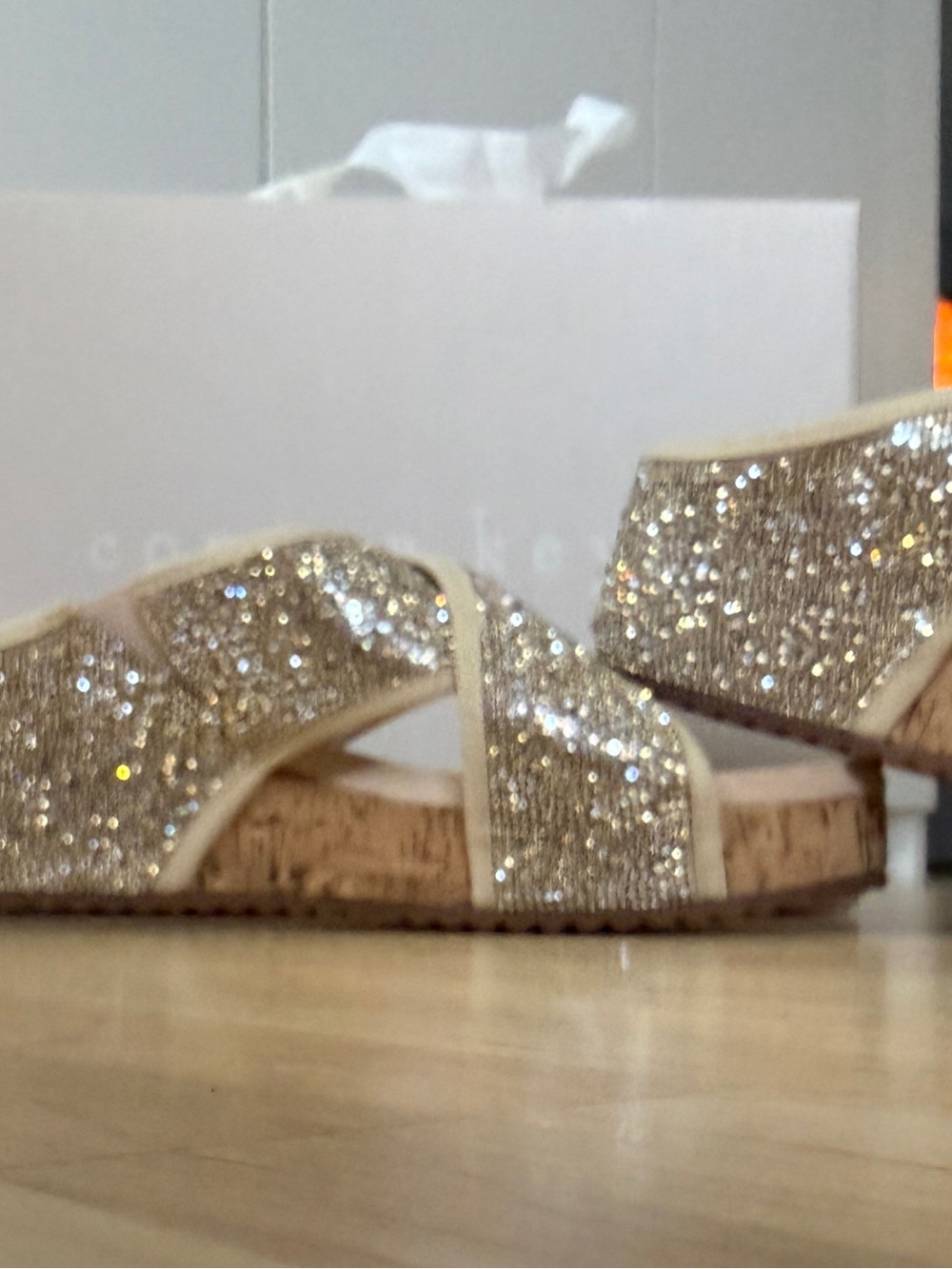 Copper Key Glitter Cork Slide Sandals - Gold rhinestone size 7